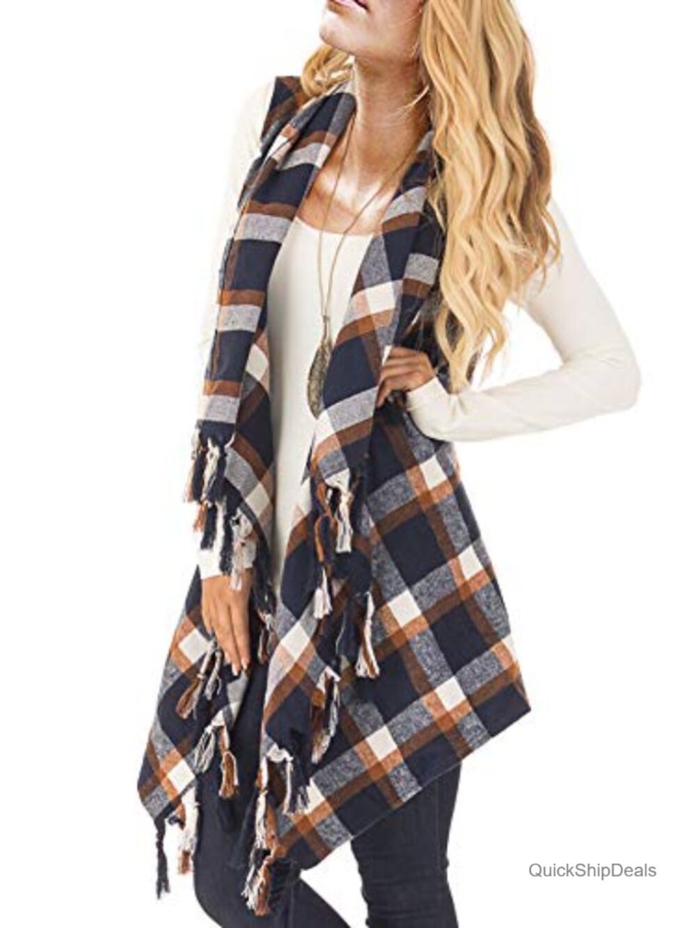 Sleeveless Plaid Cardigan Vest with Asymmetrical Hem